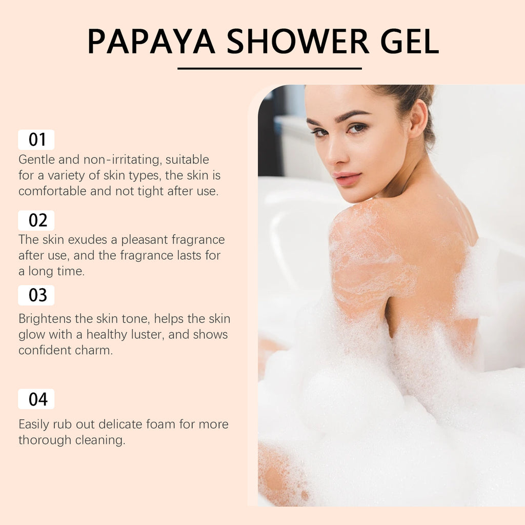 Gel douche à la papaye Blanchiment Lissant Nettoyage Éliminer la saleté Décoloration Pigmentation Mousse riche Arôme Durable Hydrater Rafraîchir Gel douche