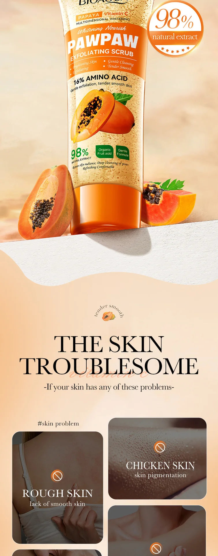 Crème Gommage Exfoliante Papaye Vitamine C 100g - Hypoallergénique Hydratante Nettoyage Profond