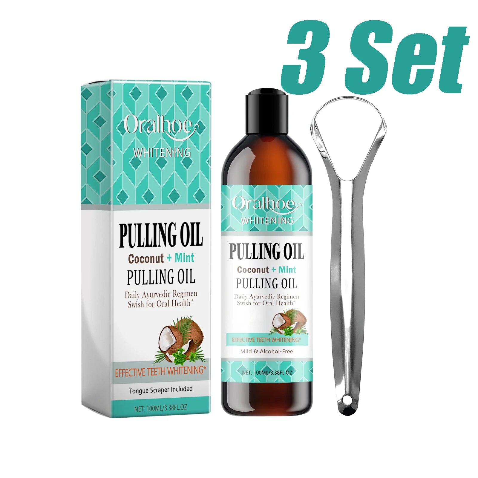 Kit Bain de Bouche à l'Huile de Coco et Menthe avec Gratte-Langue - Soin Bucco-Dentaire Complet