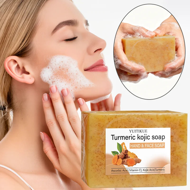 YUITIKUE Savon Kojique au Curcuma 100g - Formule Naturelle à la Vitamine C, Éclaumine et hydrate, Nettoyage en profondeur, pour le visage et les mains