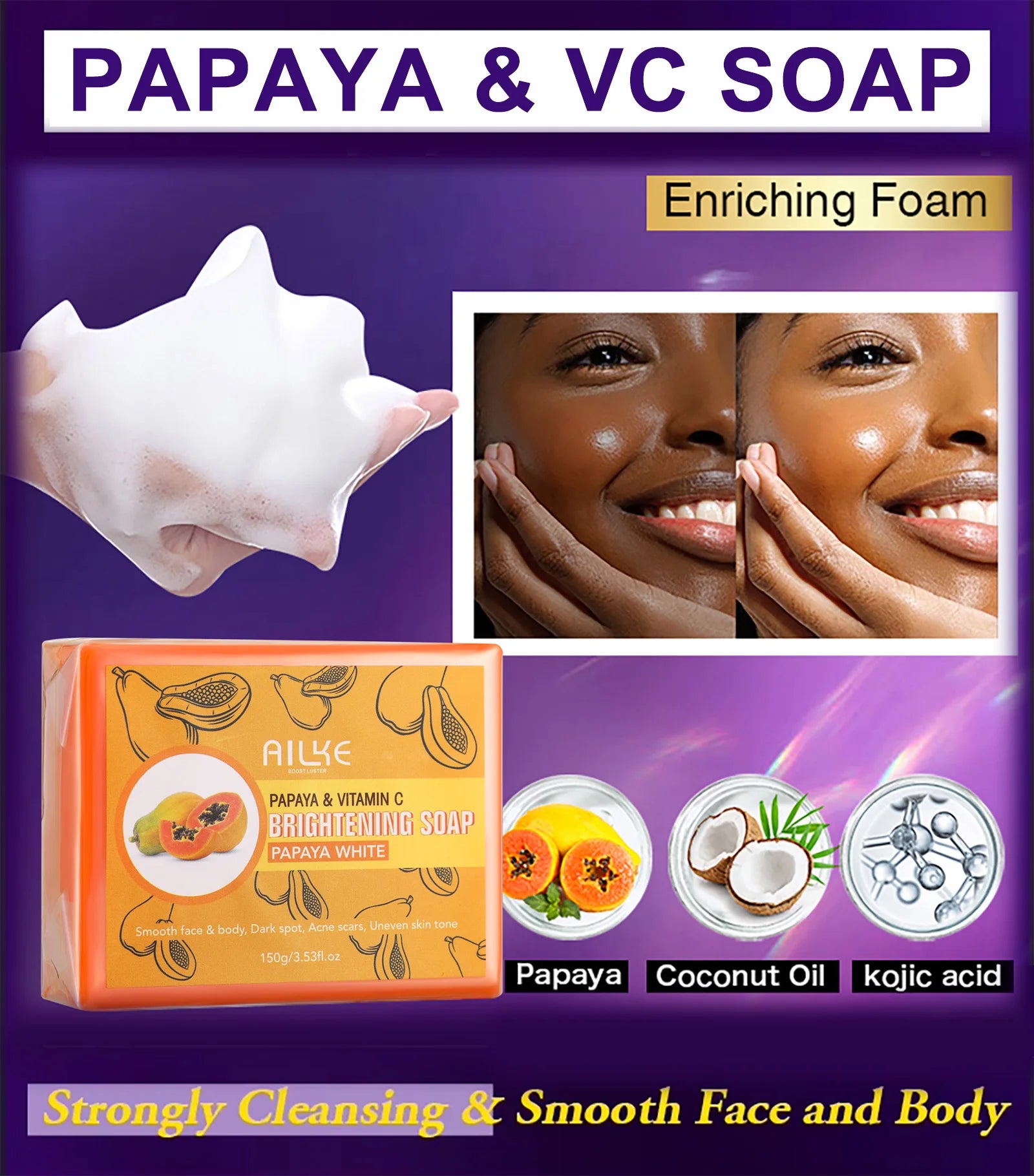 Savon blanchissant pour la peau AILKE Savon fait à la main - Savon à la papaye biologique pour les taches noires, nettoie les taches, améliore la peau terne, le visage, le corps et les mains