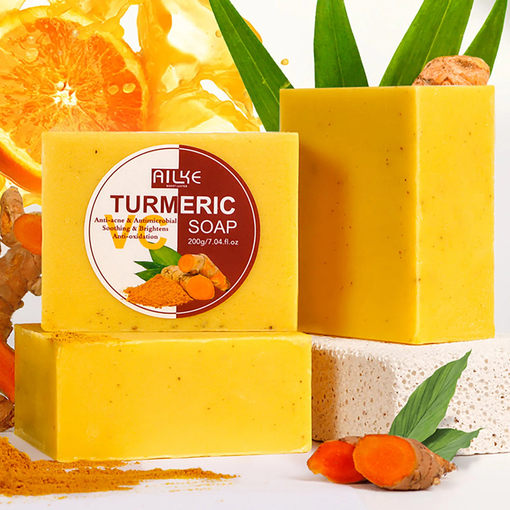 AILKE Savon au curcuma naturel pour visage et corps, blanchissant, taches propres, même le teint de la peau, réduit l'acné, les taches d'âge, les taches noires, 200g