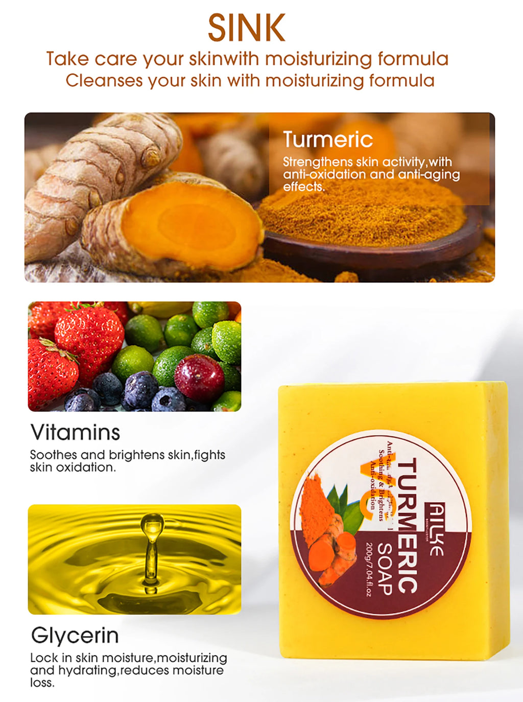 Barre de savon au curcuma naturel AILKE, éclaircit, élimine l’obscurité, l’acné, les boutons, le nettoyage, exfolie, le teint inégal