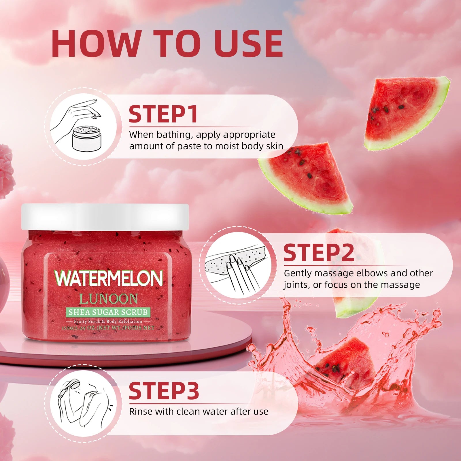 Gommage au sucre de karité et pastèque naturel 150g - Exfoliant pour le corps, peau hydratante, lisse et brillante, pour coudes, genoux, dos et jambes