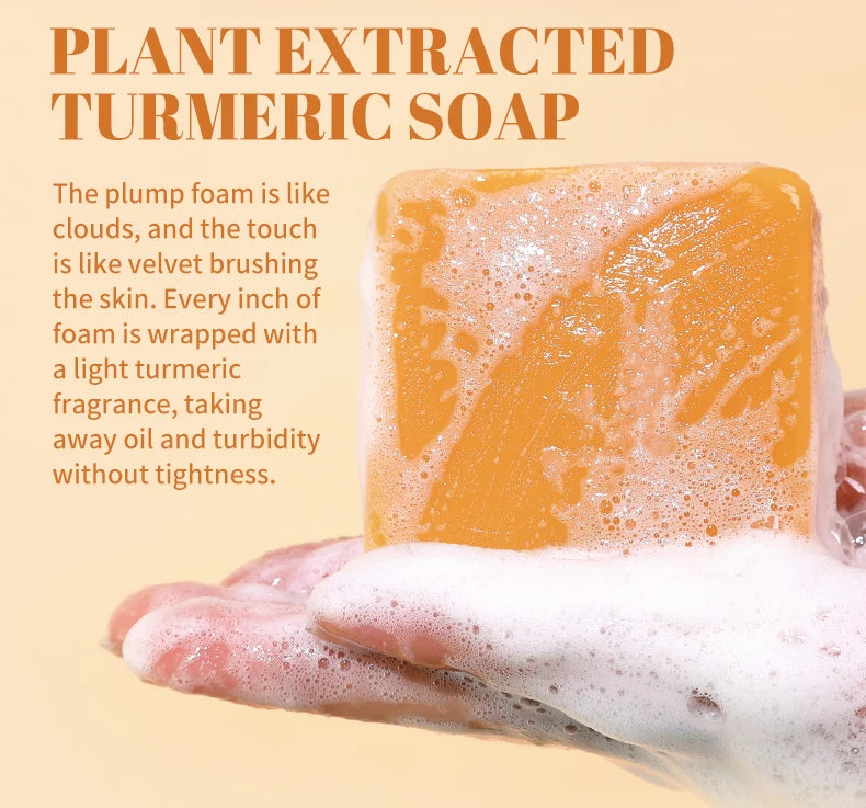 2pcs Savon au curcuma Nettoyage du visage Ton de la peau lisse éclatant Peau éclaircie Apaise Bain corporel Savon pour le visage fait à la main Soins de la peau