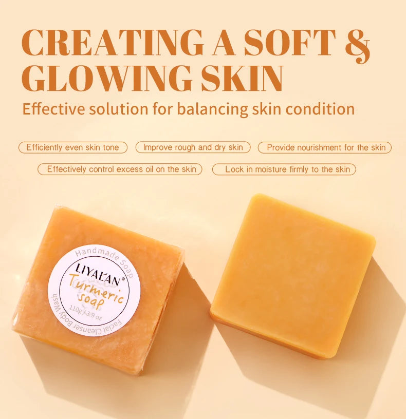 2pcs Savon au curcuma Nettoyage du visage Ton de la peau lisse éclatant Peau éclaircie Apaise Bain corporel Savon pour le visage fait à la main Soins de la peau