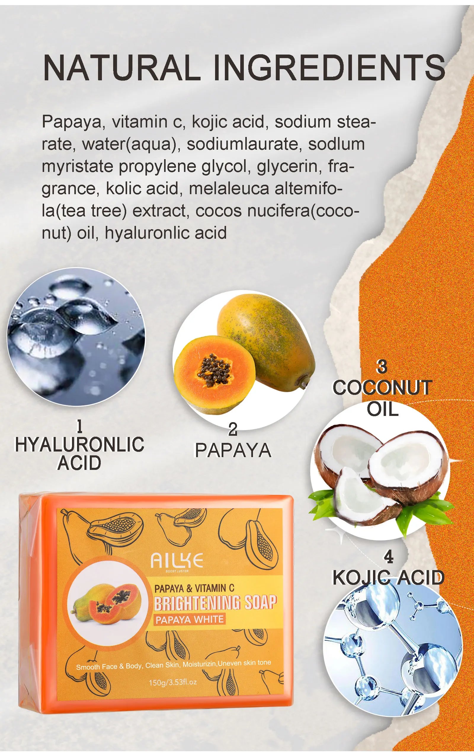 Savon blanchissant pour la peau AILKE Savon fait à la main - Savon à la papaye biologique pour les taches noires, nettoie les taches, améliore la peau terne, le visage, le corps et les mains