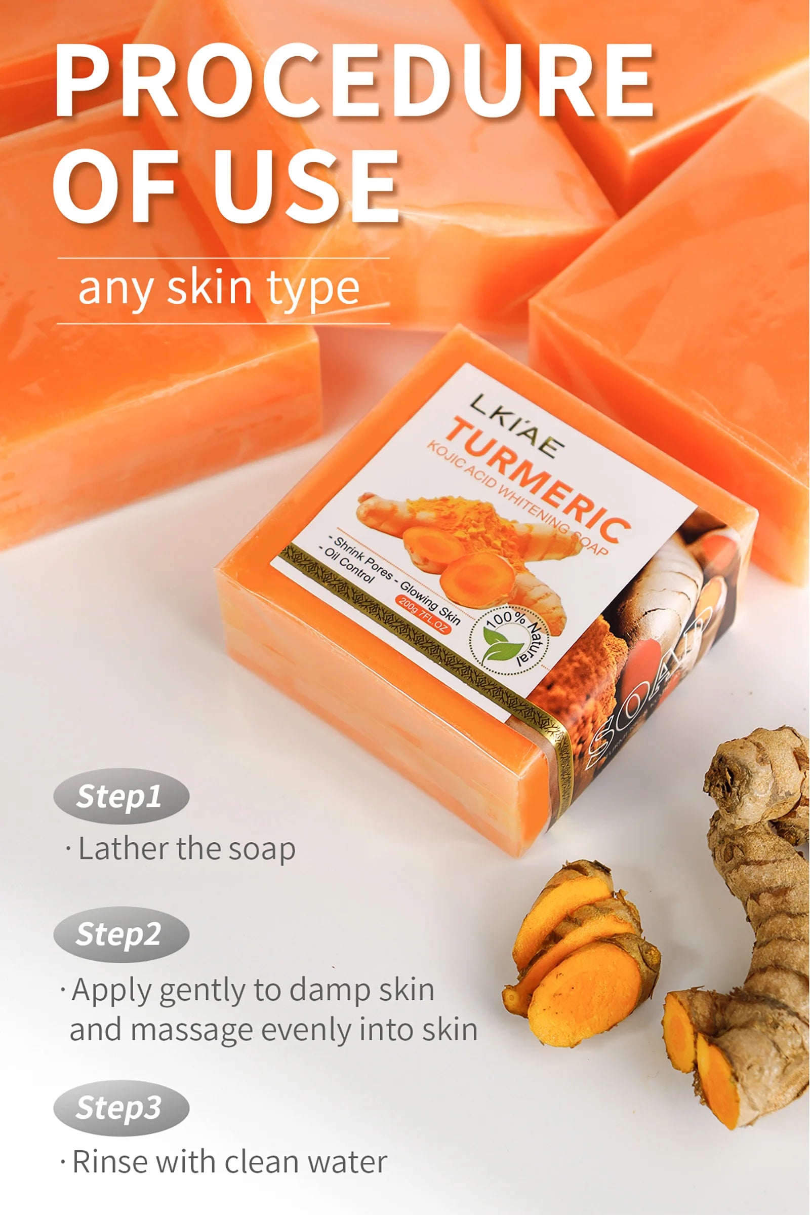 Barre de savon au curcuma biologique LKIAE, savon blanchissant à la main à base de plantes naturelles, réduit la mélanine, les boutons, l’acné, pour le visage et le corps, 200g