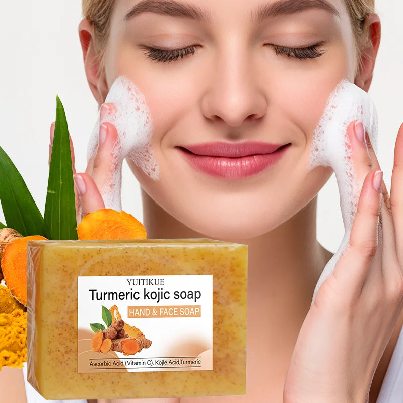 YUITIKUE Savon Kojique au Curcuma 100g - Formule Naturelle à la Vitamine C, Éclaumine et hydrate, Nettoyage en profondeur, pour le visage et les mains