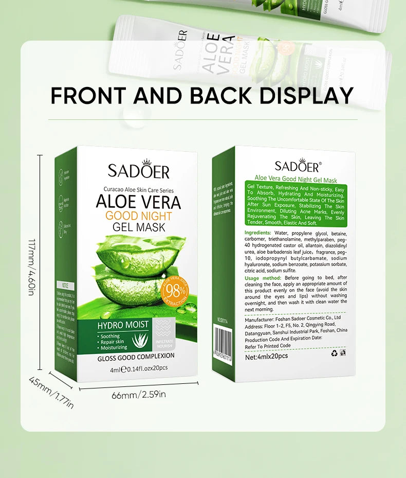 20pcs/box SADOER Aloe Vera Masques faciaux de sommeil Visage Hydratant Hydratant Blanchiment Anti-rides Masque Soins de la peau
