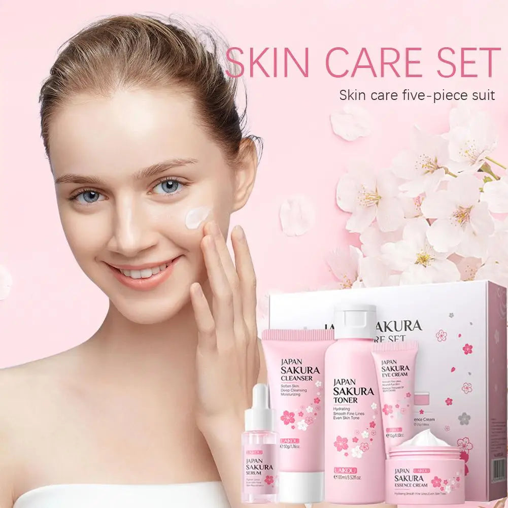 5/3pcs/Set Sakura Skin Care Sets Crème pour le visage Sérum Toner Nettoyant pour le visage Crème solaire Crème pour les yeux Coffret cadeau Ensemble de soins de la peau du visage Produit