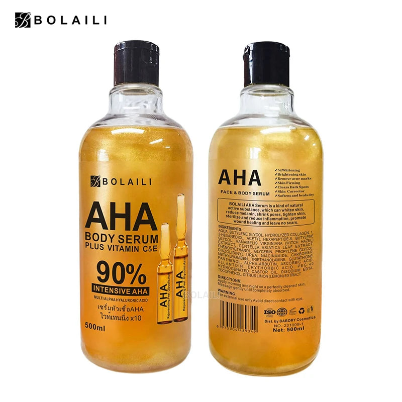 Sérum Visage Corps ALPHA Acides Hydroxylés Or 24K Vitamine C et E Essence Raffermissant Hydratant Anti-Taches Blanchissant 500ml