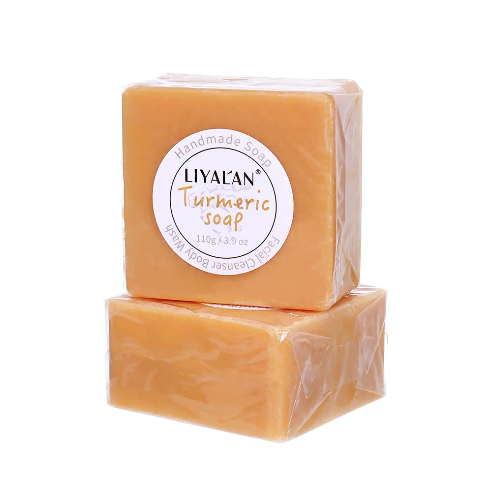 2pcs Savon au curcuma Nettoyage du visage Ton de la peau lisse éclatant Peau éclaircie Apaise Bain corporel Savon pour le visage fait à la main Soins de la peau