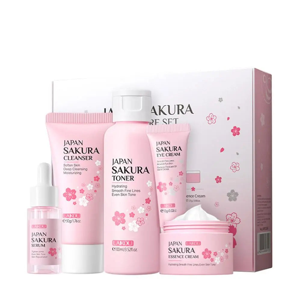 5/3pcs/Set Sakura Skin Care Sets Crème pour le visage Sérum Toner Nettoyant pour le visage Crème solaire Crème pour les yeux Coffret cadeau Ensemble de soins de la peau du visage Produit