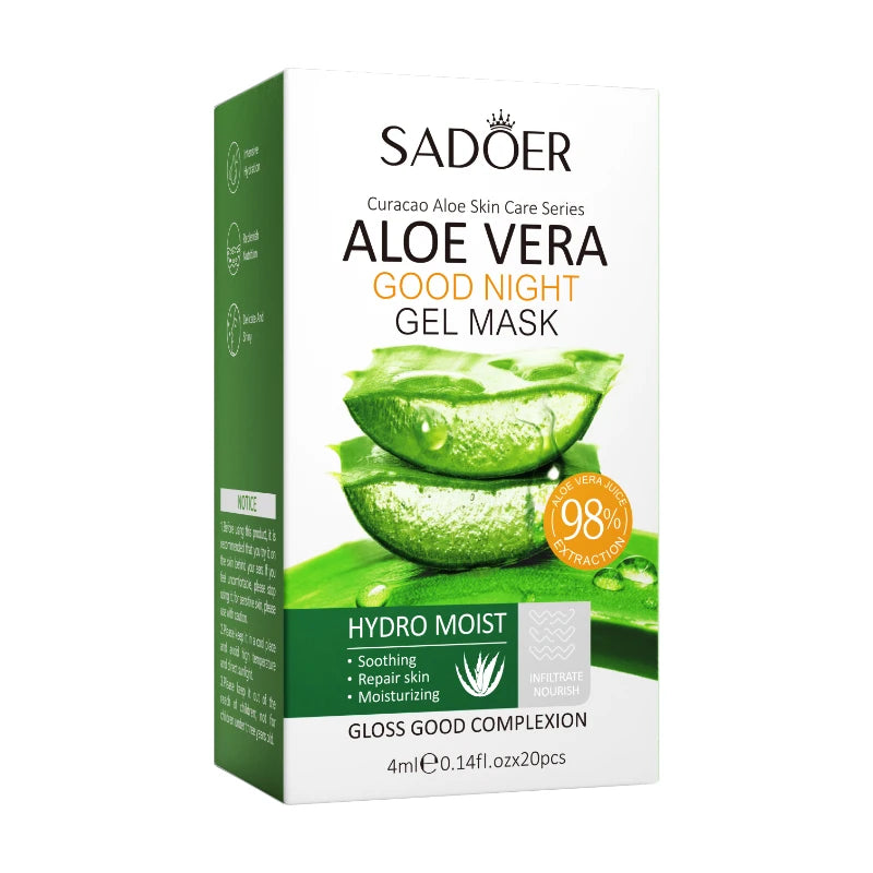 20pcs/box SADOER Aloe Vera Masques faciaux de sommeil Visage Hydratant Hydratant Blanchiment Anti-rides Masque Soins de la peau