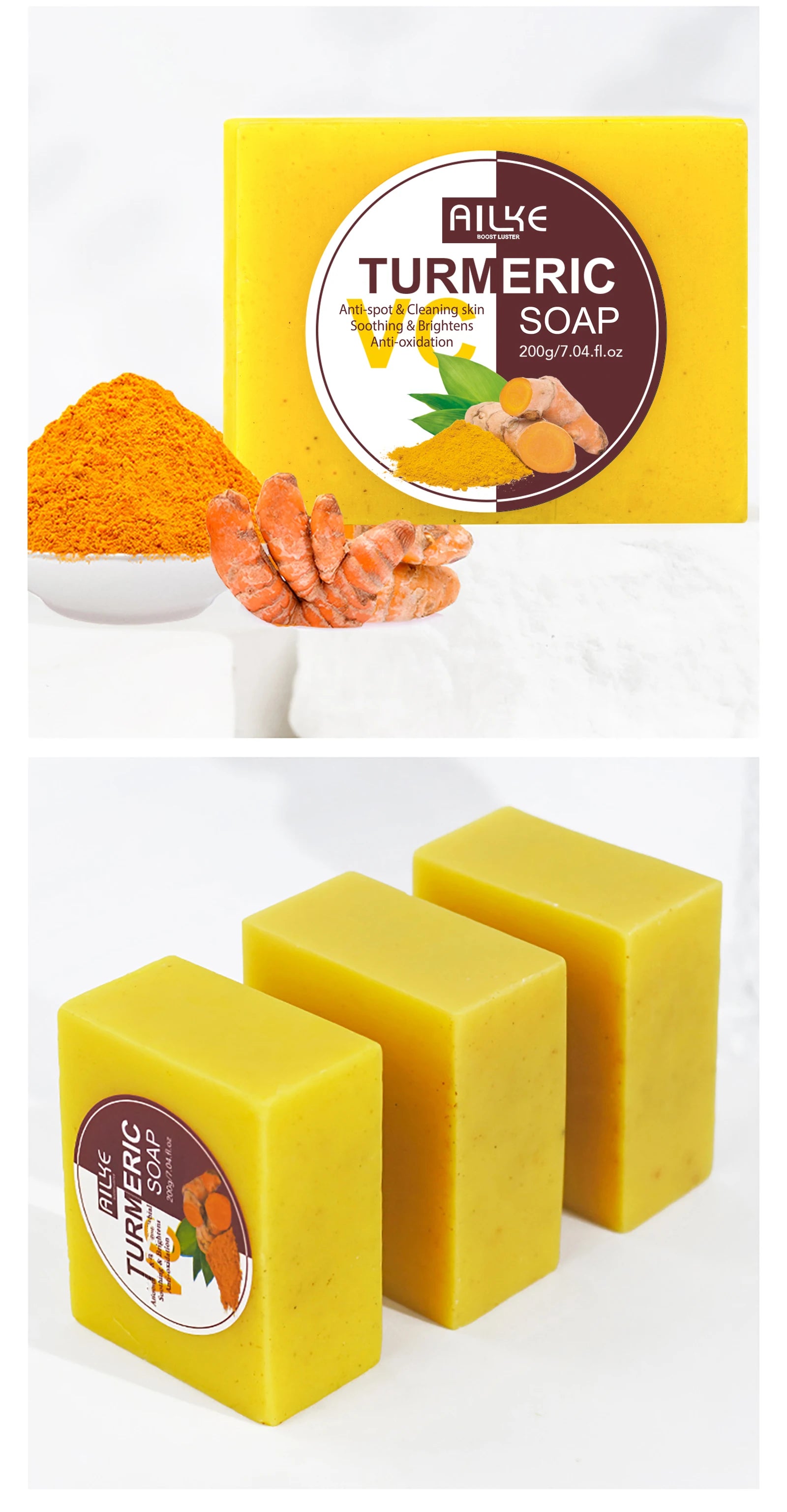 Barre de savon au curcuma naturel AILKE, éclaircit, élimine l’obscurité, l’acné, les boutons, le nettoyage, exfolie, le teint inégal