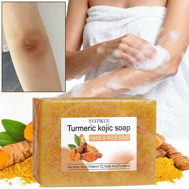 YUITIKUE Savon Kojique au Curcuma 100g - Formule Naturelle à la Vitamine C, Éclaumine et hydrate, Nettoyage en profondeur, pour le visage et les mains