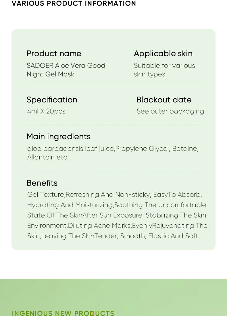 20pcs/box SADOER Aloe Vera Masques faciaux de sommeil Visage Hydratant Hydratant Blanchiment Anti-rides Masque Soins de la peau