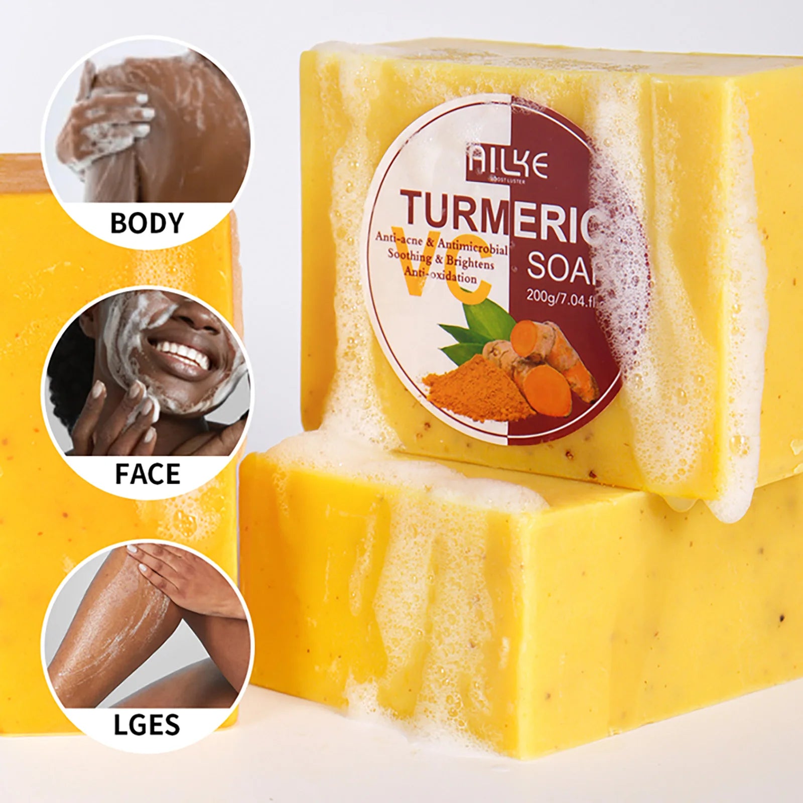 AILKE Savon au curcuma naturel pour visage et corps, blanchissant, taches propres, même le teint de la peau, réduit l'acné, les taches d'âge, les taches noires, 200g