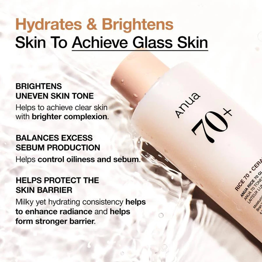 Toner Laiteux Anua Rice 70 Glow Avec 70 % D’Eau De Riz Et De Céramide - Toner Facial Éclaircissant Hydratant Pour La Peau De Verre Et Le Contrôle Du Sébum