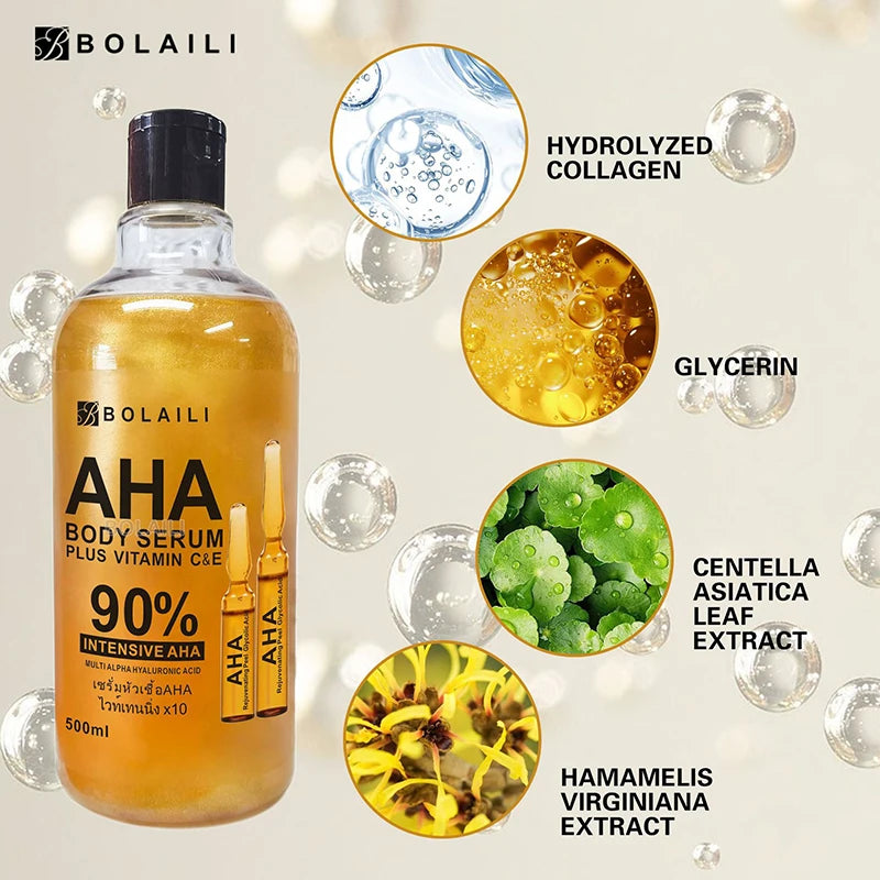 Sérum Visage Corps ALPHA Acides Hydroxylés Or 24K Vitamine C et E Essence Raffermissant Hydratant Anti-Taches Blanchissant 500ml