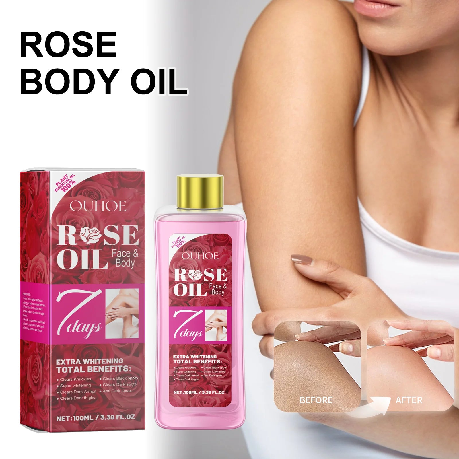 100ml Rose Body Oil with Moroccan Argan Oil And Vitamin E Intense Moisturizing Nourishing Dry Skin Massage Luxury Body Care