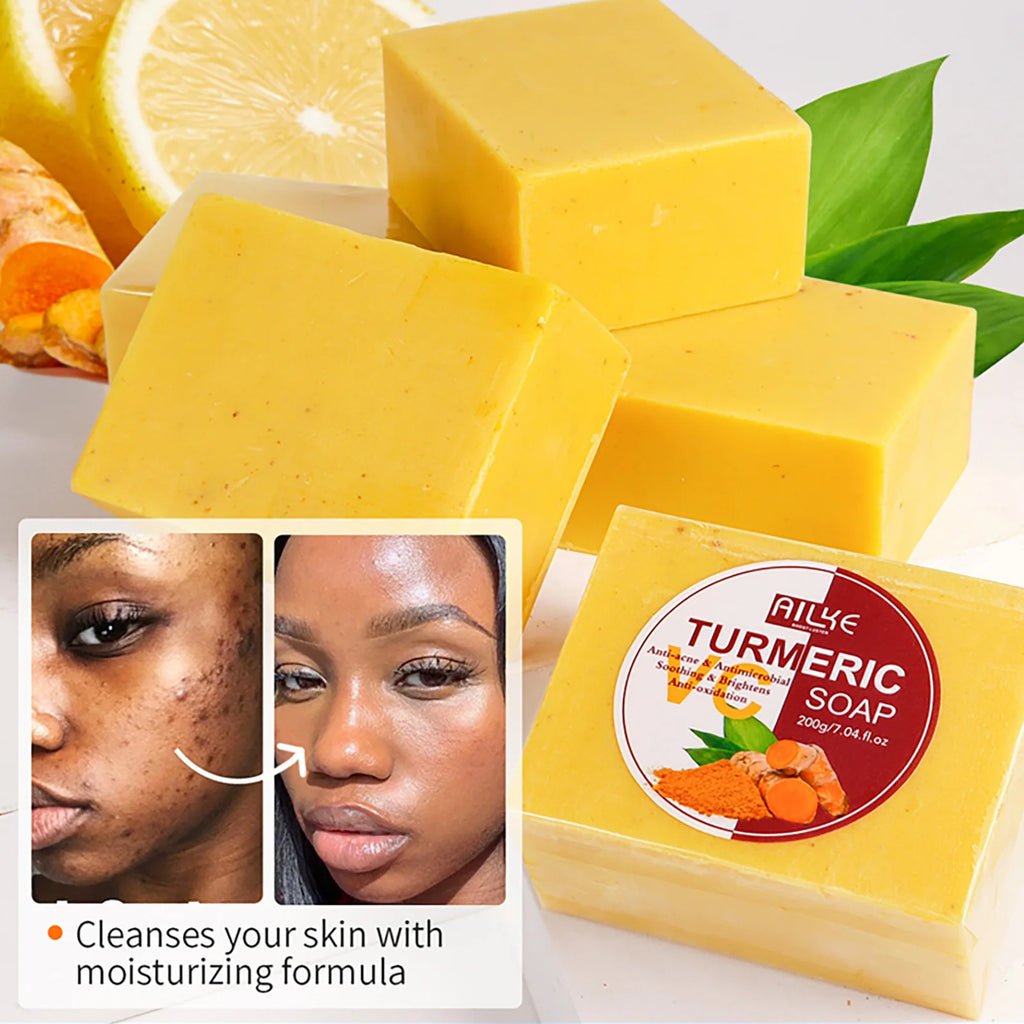 AILKE Savon au curcuma naturel pour visage et corps, blanchissant, taches propres, même le teint de la peau, réduit l'acné, les taches d'âge, les taches noires, 200g