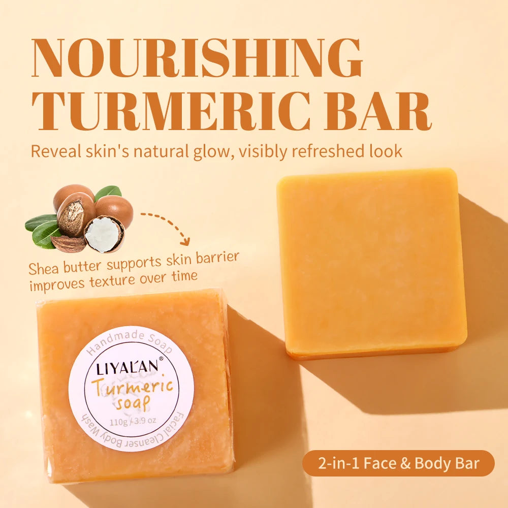 2pcs Savon au curcuma Nettoyage du visage Ton de la peau lisse éclatant Peau éclaircie Apaise Bain corporel Savon pour le visage fait à la main Soins de la peau