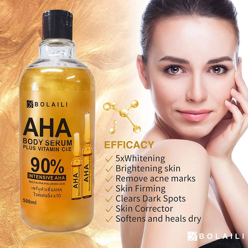 Sérum Visage Corps ALPHA Acides Hydroxylés Or 24K Vitamine C et E Essence Raffermissant Hydratant Anti-Taches Blanchissant 500ml
