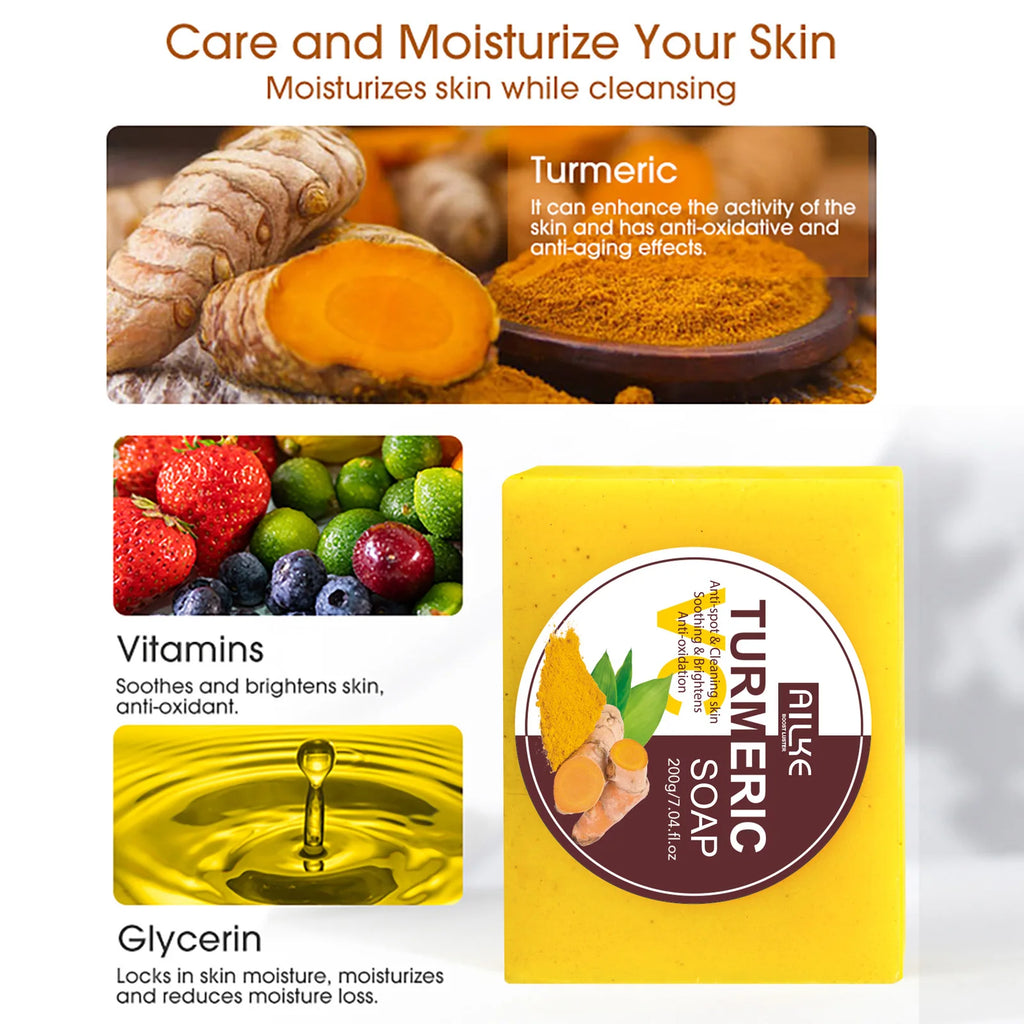 Barre de savon au curcuma naturel AILKE, éclaircit, élimine l’obscurité, l’acné, les boutons, le nettoyage, exfolie, le teint inégal