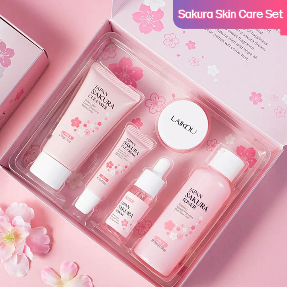 5/3pcs/Set Sakura Skin Care Sets Crème pour le visage Sérum Toner Nettoyant pour le visage Crème solaire Crème pour les yeux Coffret cadeau Ensemble de soins de la peau du visage Produit