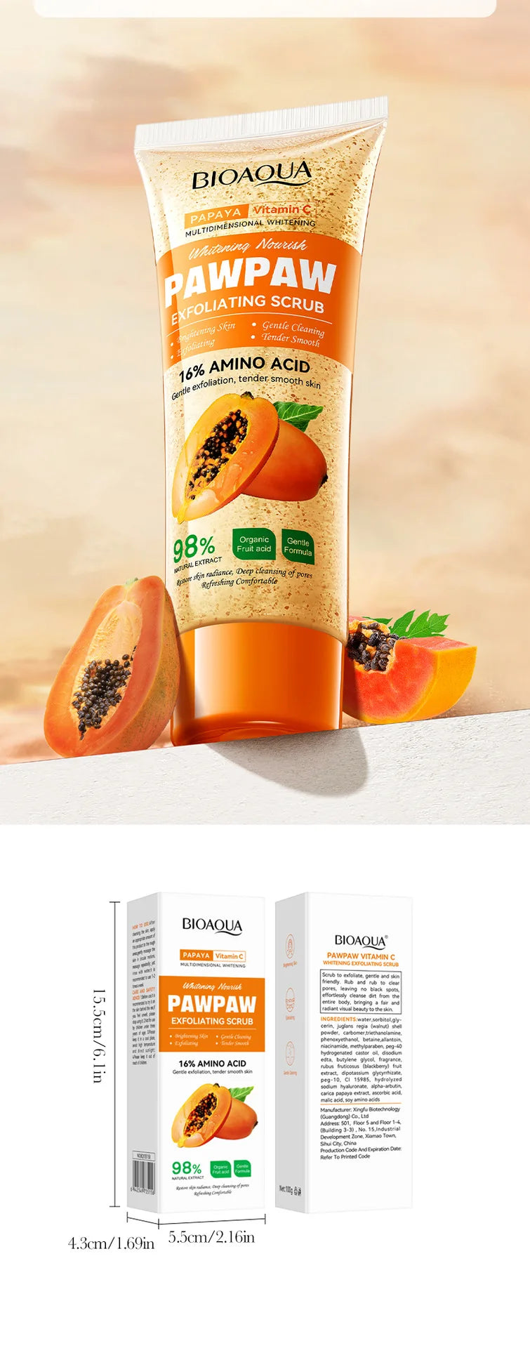 Crème Gommage Exfoliante Papaye Vitamine C 100g - Hypoallergénique Hydratante Nettoyage Profond