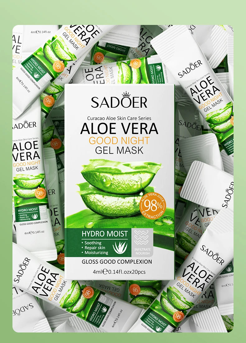 20pcs/box SADOER Aloe Vera Masques faciaux de sommeil Visage Hydratant Hydratant Blanchiment Anti-rides Masque Soins de la peau