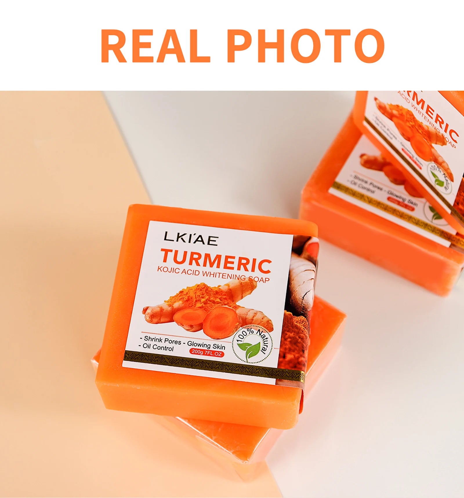 Barre de savon au curcuma biologique LKIAE, savon blanchissant à la main à base de plantes naturelles, réduit la mélanine, les boutons, l’acné, pour le visage et le corps, 200g