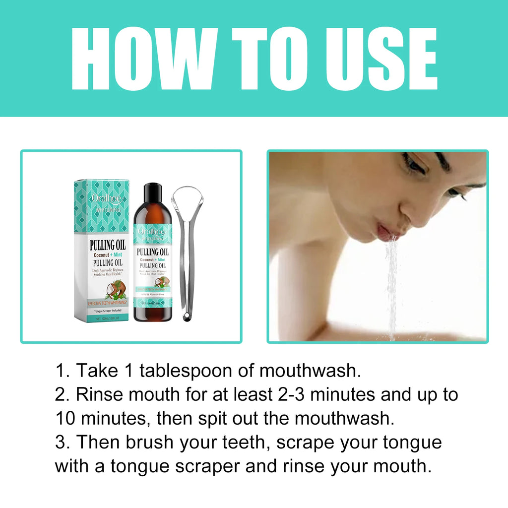 Kit Bain de Bouche à l'Huile de Coco et Menthe avec Gratte-Langue - Soin Bucco-Dentaire Complet