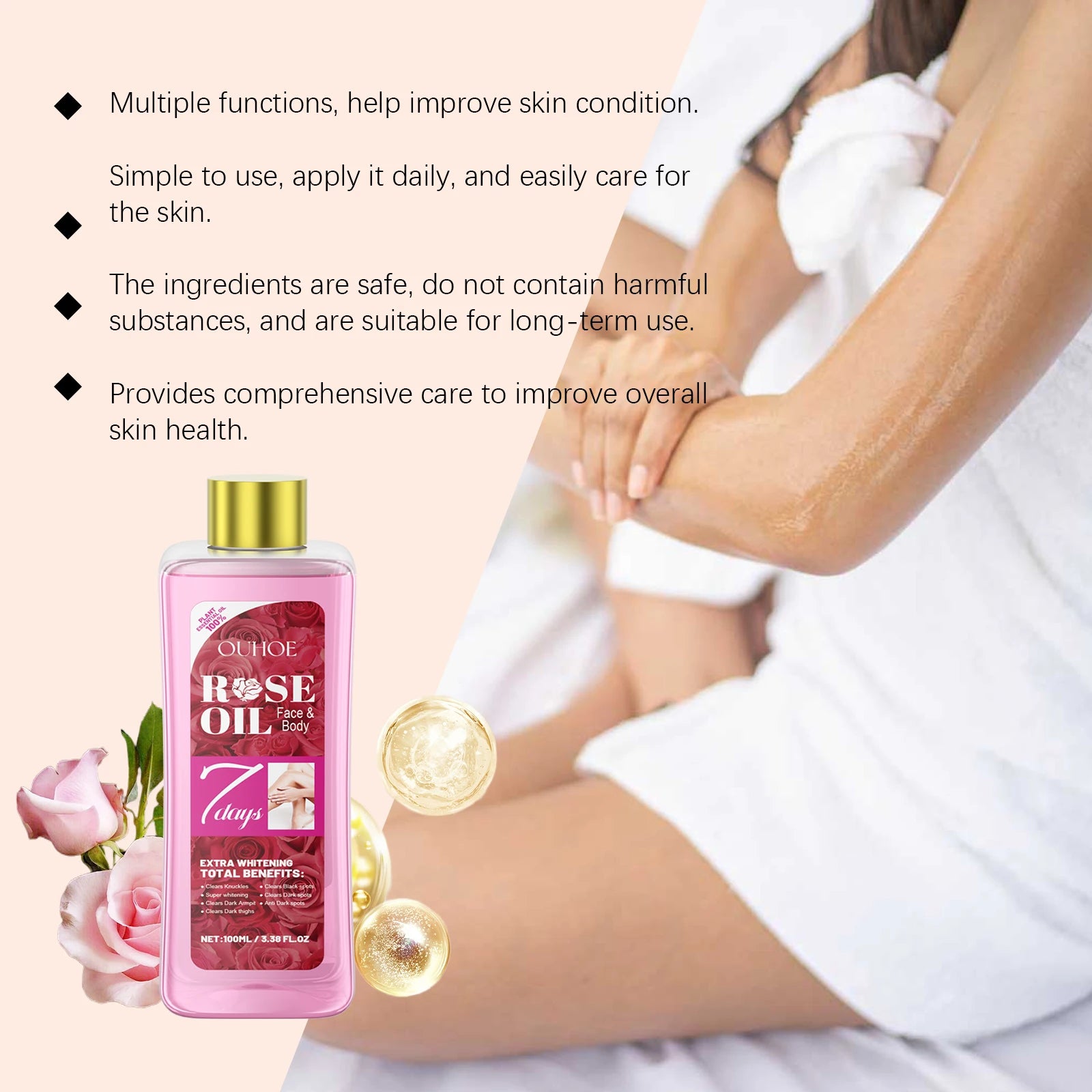 Huile corporelle de rose 100 ml Huile d’argan marocaine Vitamine E Hydratant intense pour les peaux sèches Huile de massage nourrissante Soins corporels de luxe rapides