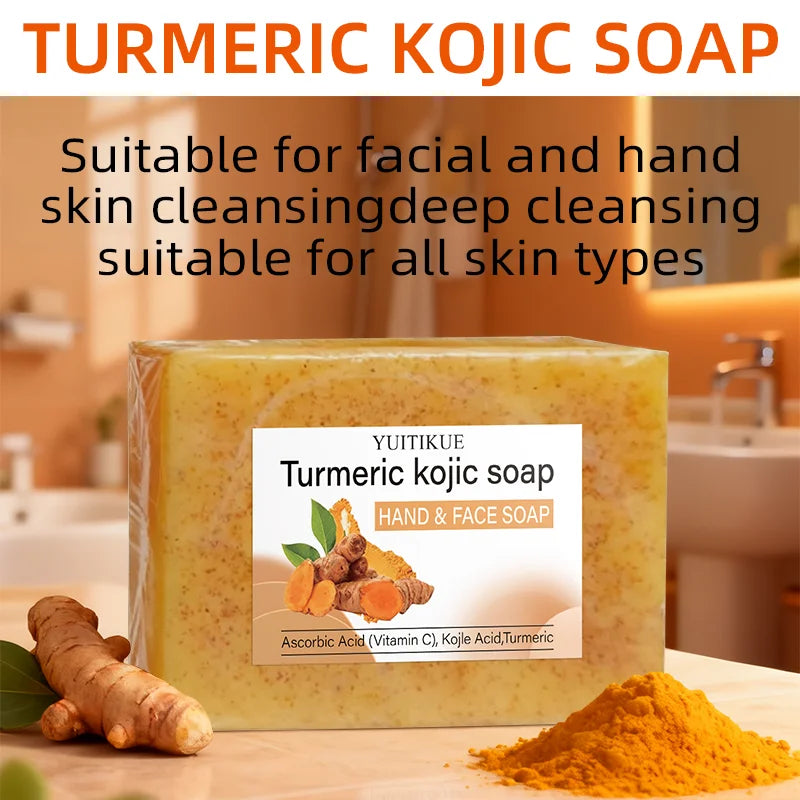 YUITIKUE Savon Kojique au Curcuma 100g - Formule Naturelle à la Vitamine C, Éclaumine et hydrate, Nettoyage en profondeur, pour le visage et les mains