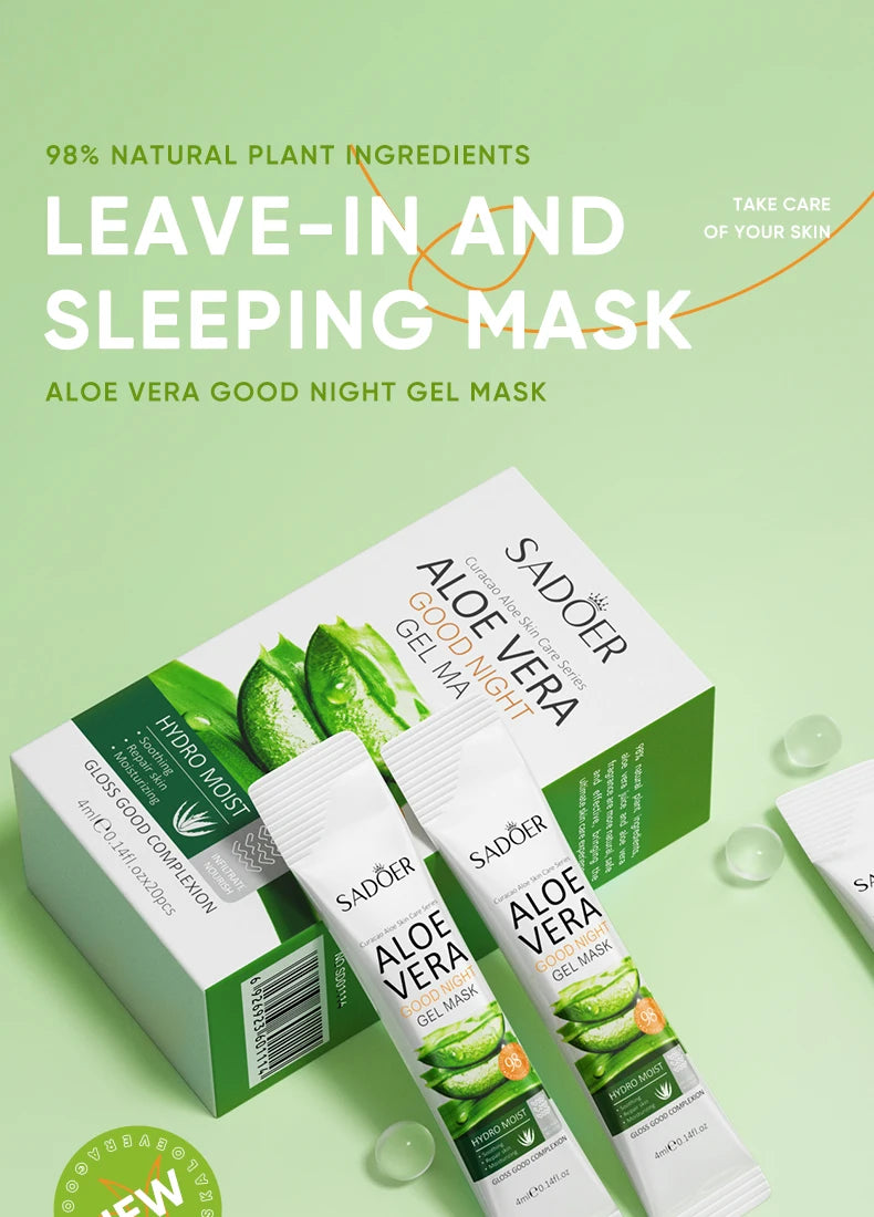 20pcs/box SADOER Aloe Vera Masques faciaux de sommeil Visage Hydratant Hydratant Blanchiment Anti-rides Masque Soins de la peau