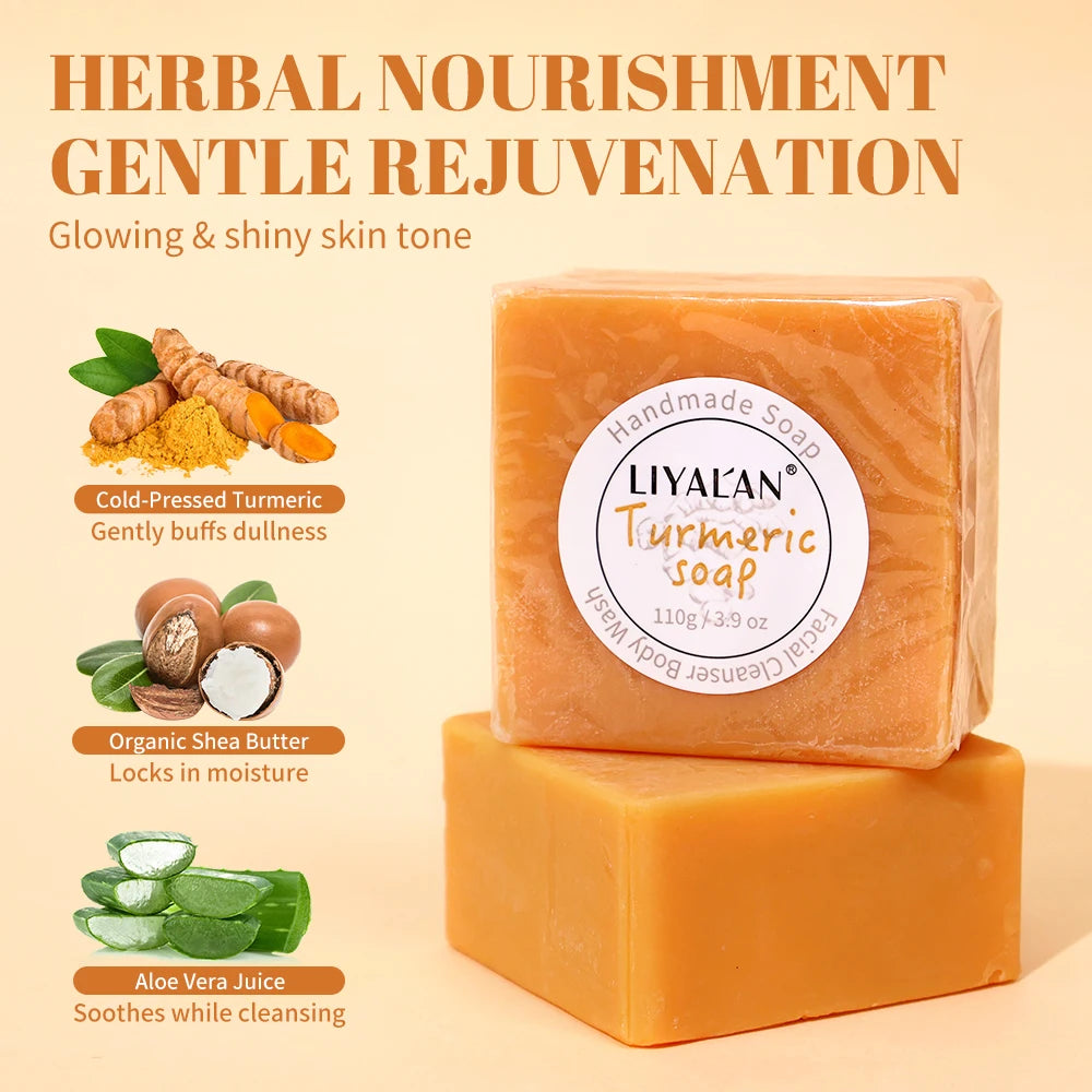 2pcs Savon au curcuma Nettoyage du visage Ton de la peau lisse éclatant Peau éclaircie Apaise Bain corporel Savon pour le visage fait à la main Soins de la peau