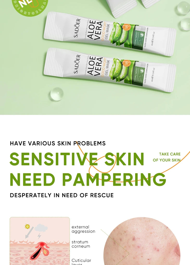 20pcs/box SADOER Aloe Vera Masques faciaux de sommeil Visage Hydratant Hydratant Blanchiment Anti-rides Masque Soins de la peau